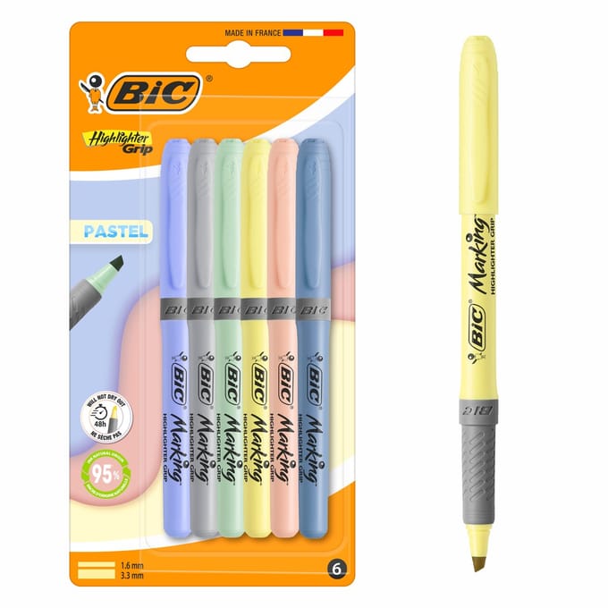 BIC Highlighter Grip Pastel - 6 Stuks - Markeerstiften 6 Pastelkleuren - 95% Natuurlijk Waterbasis