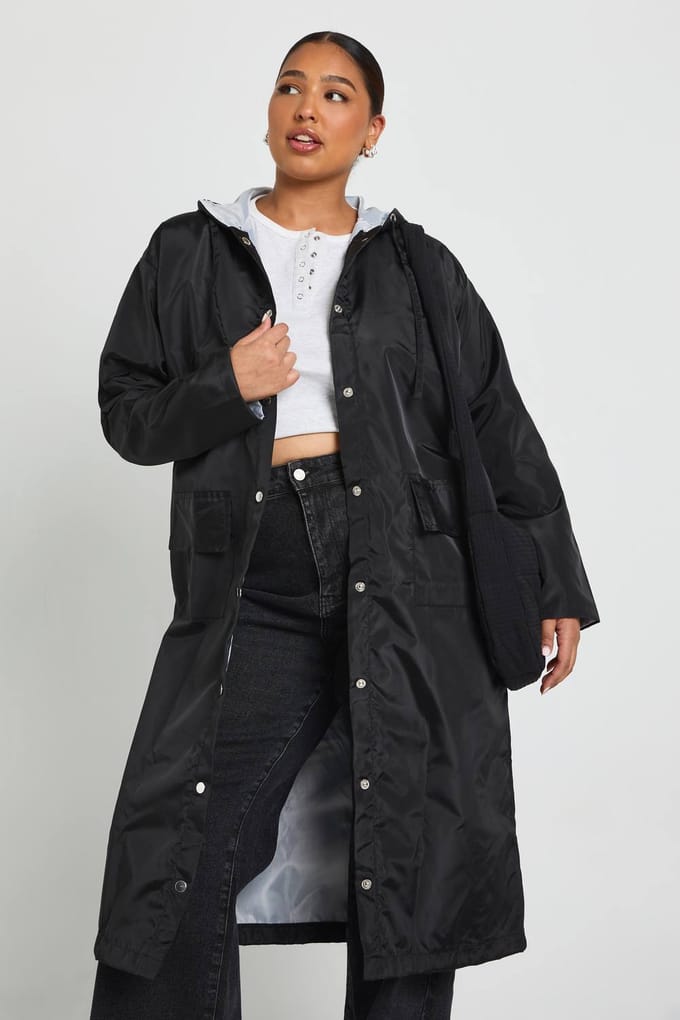 boohoo Dames Plus Double Layer Shell Longline Regen Parka | Zwart | Maat: 46
