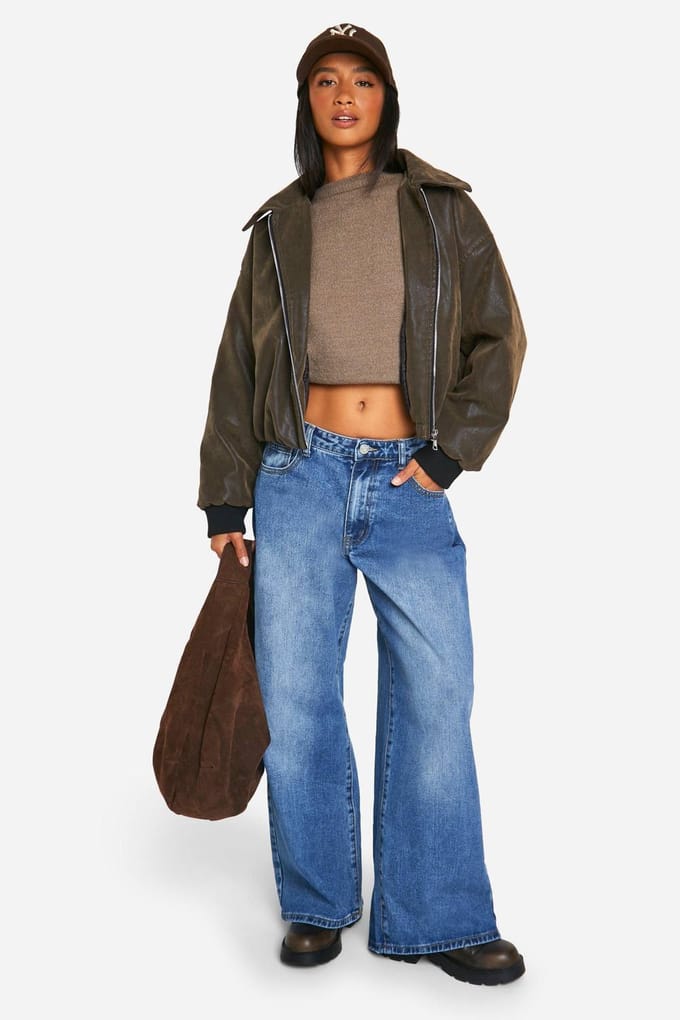 boohoo Dames Petite Vintage Look Bomberjack van kunstleer | Bruin | Maat: 42
