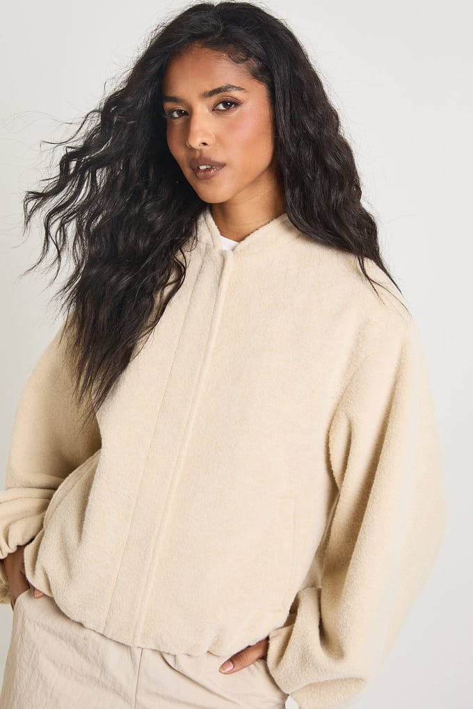 boohoo Dames Ballonmouw Wol-Look Bomber Jacket | Steen | Maat: 40