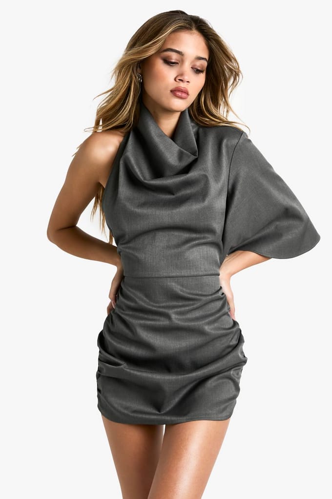 boohoo Dames High Cowl Asymmetrische Mini Jurk | Houtskool | Maat: 44