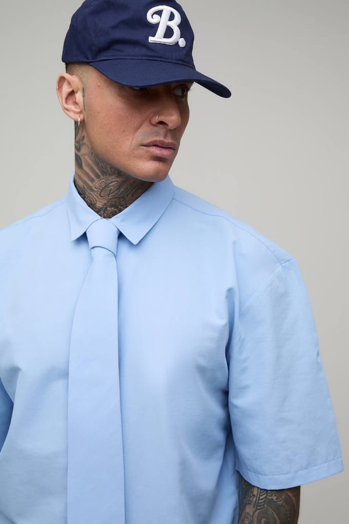 Oversized Boxy Shirt Met Halve Mouw En Stropdas | Blue | Size Large