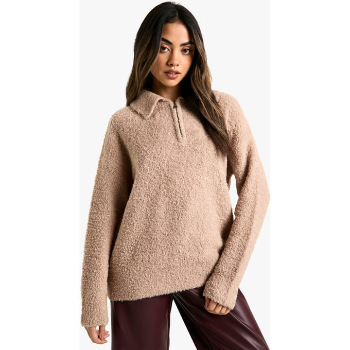 boohoo Dames Boucle Knit Collardetail Jumper | Camel | Maat: Small