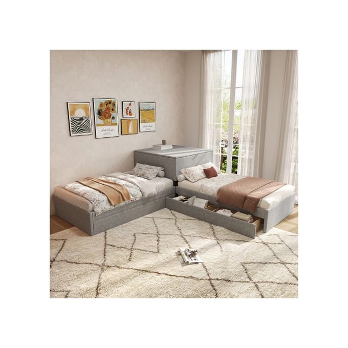 Lit d'angle - MUVOE - 90x200 - 2/3 places - Lit gigogne & tiroirs - Tissu lin gris gris