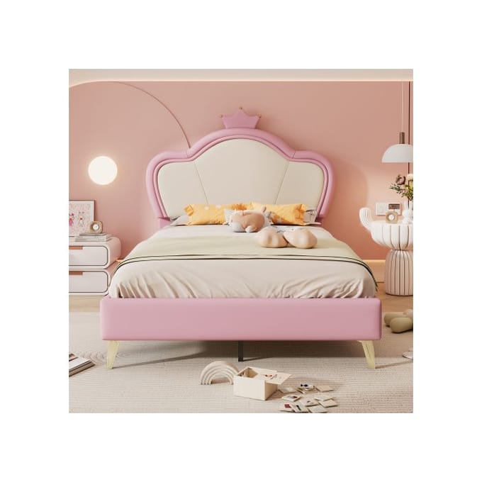 Lit simple - MUVOE - 90x200 cm - Rembourré - Métal - Rose + Blanc blanc