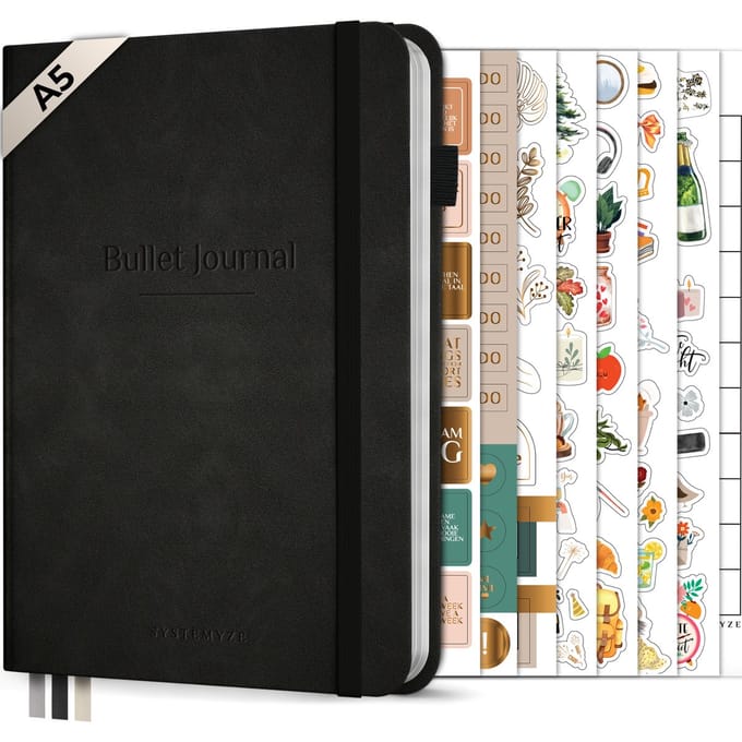 Systemyze Bullet Journal – Notitieboek A5 – Journal Notebook – Hardcover Vegan Leer – Zwart
