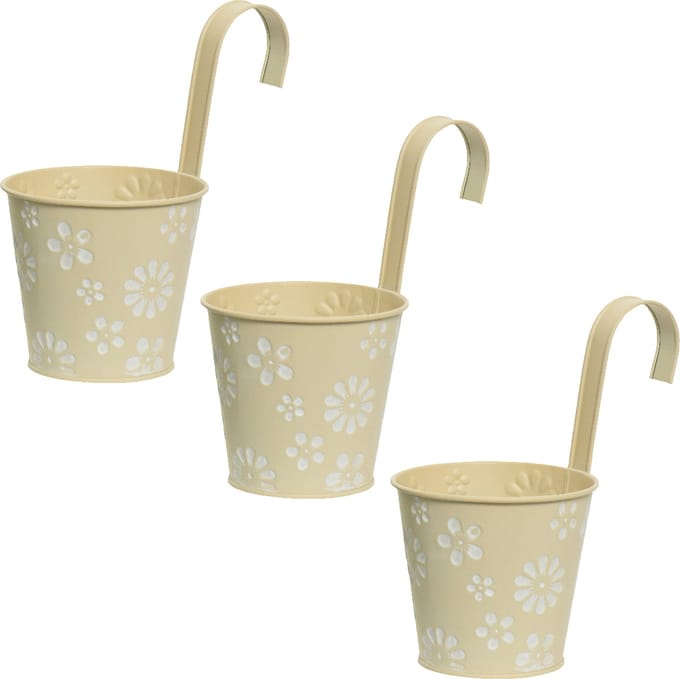 Decoris bloempotten ophangbaar - 3x - zink - 32 x 16 cm - creme