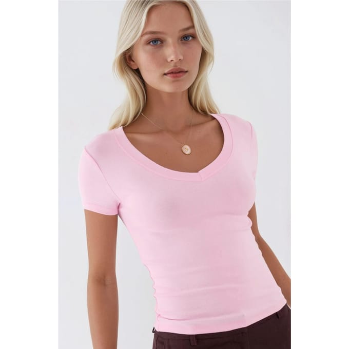 Elastische V-hals Korte Mouw T-Shirt