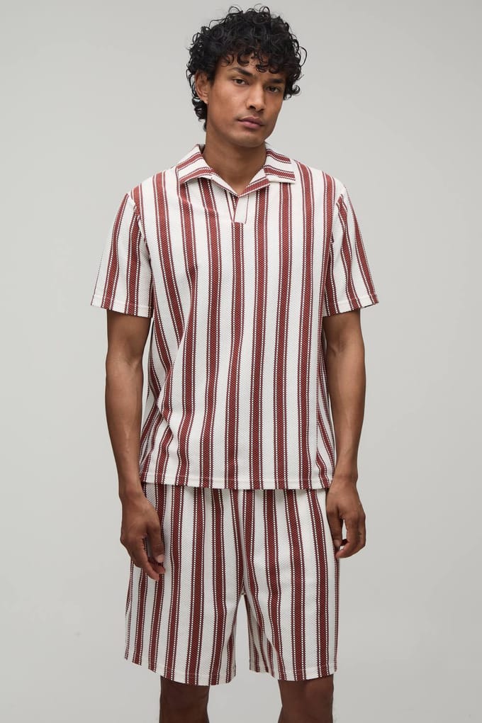 Regular Fit Gestreept Revere Polo & Shorts Set | Brown | Size Medium