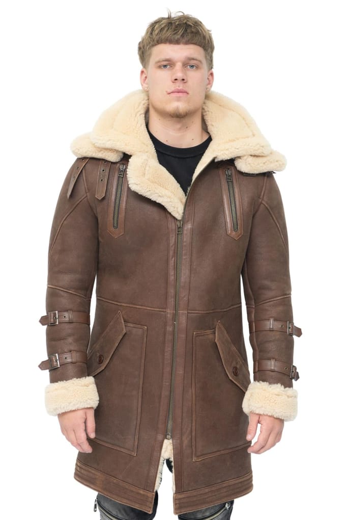 Heren 3/4 warme lederen schapenvacht trenchcoat-Medina