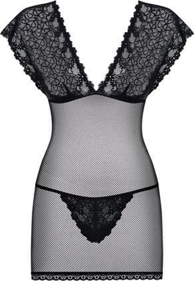 Obsessive Jurkje met mouwen & String - Erotische Lingerieset - Maat L/XL - Zwart