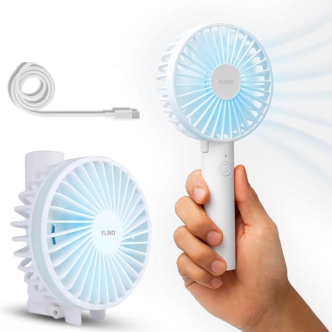 FlinQ Handventilator - Draagbare Ventilator - Mini Fan Oplaadbaar - Kleine Portable Ventilator met USB - Draadloze Tafelventilator - Wit / Blauw
