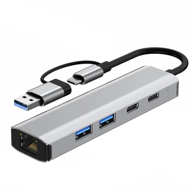6-in-1 USB-C en USB-A Hub - Gigabit RJ45 ethernet - USB 3.2 10Gbps - dock voor Laptop en Desktop - grijs
