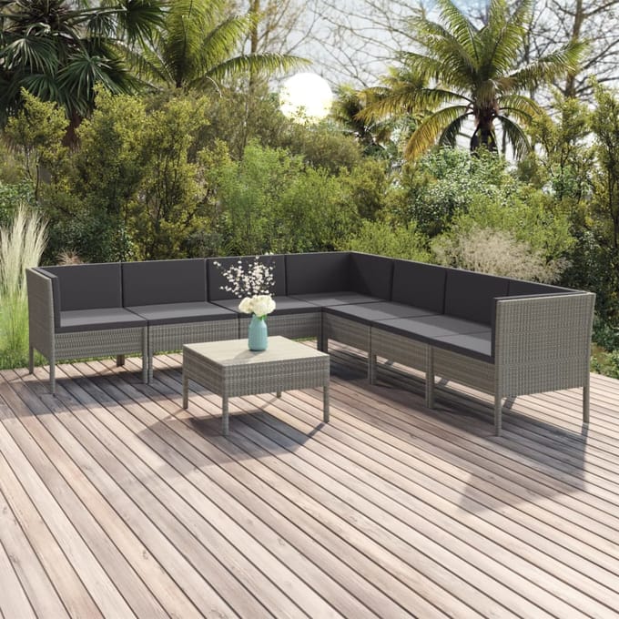 vidaXL - 8-delige - Loungeset - met - kussens - poly - rattan - grijs