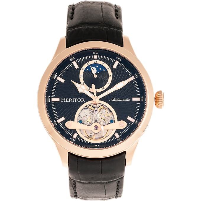 Heritor Automatic Gregory Semi-Skelet Horloge met Leren Band - Roségoud/Zwart