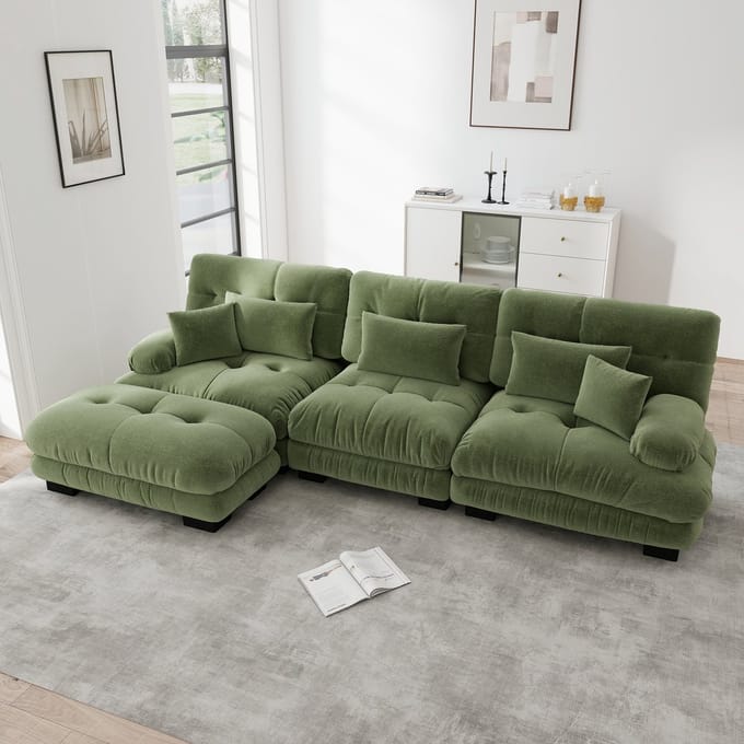MODFU Modulaire Hoekbank - Diepe Zitting - Met Verplaatsbare Ottomaan - Chenille - Groen