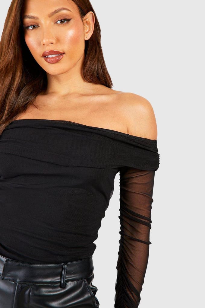 boohoo Dames Tall Off The Shoulder Mesh Bodysuit | Black | Maat: 8