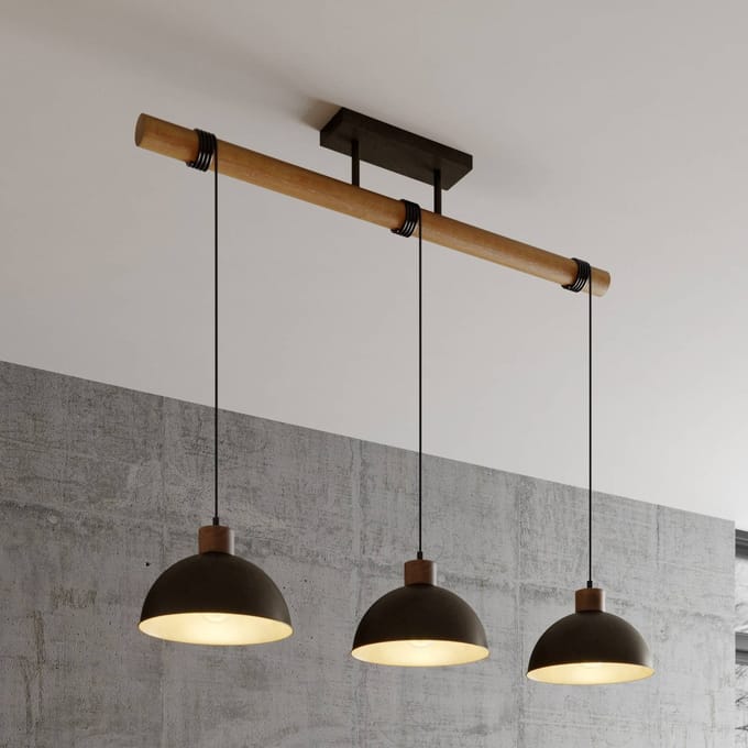 Lindby - hanglamp - 3lichts - Ijzer, hout - H: 37.5 cm - E27 - grijs, licht hout