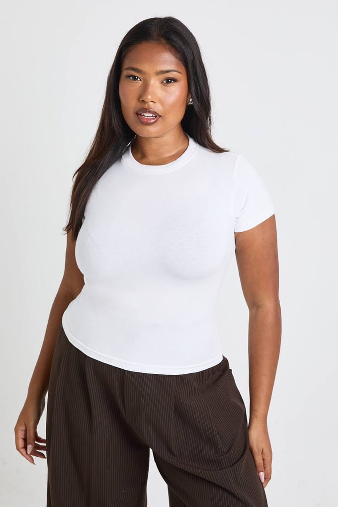 boohoo Dames Plus Basic Korte Mouw Longline Aansluitende Top | Wit | Maat: 44