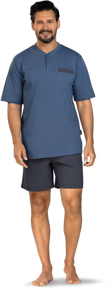 Comte - Heren Shortama - 100% katoen - effen blauw met print broek - Maat M