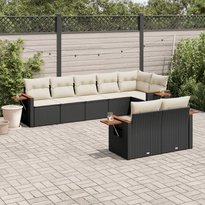 vidaXL - 8-delige - Loungeset - met - kussens - poly - rattan - zwart