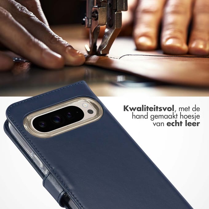 Selencia Hoesje - Geschikt voor Google Pixel 9 / 9 Pro - Echt Lederen Bookcase - Blauw