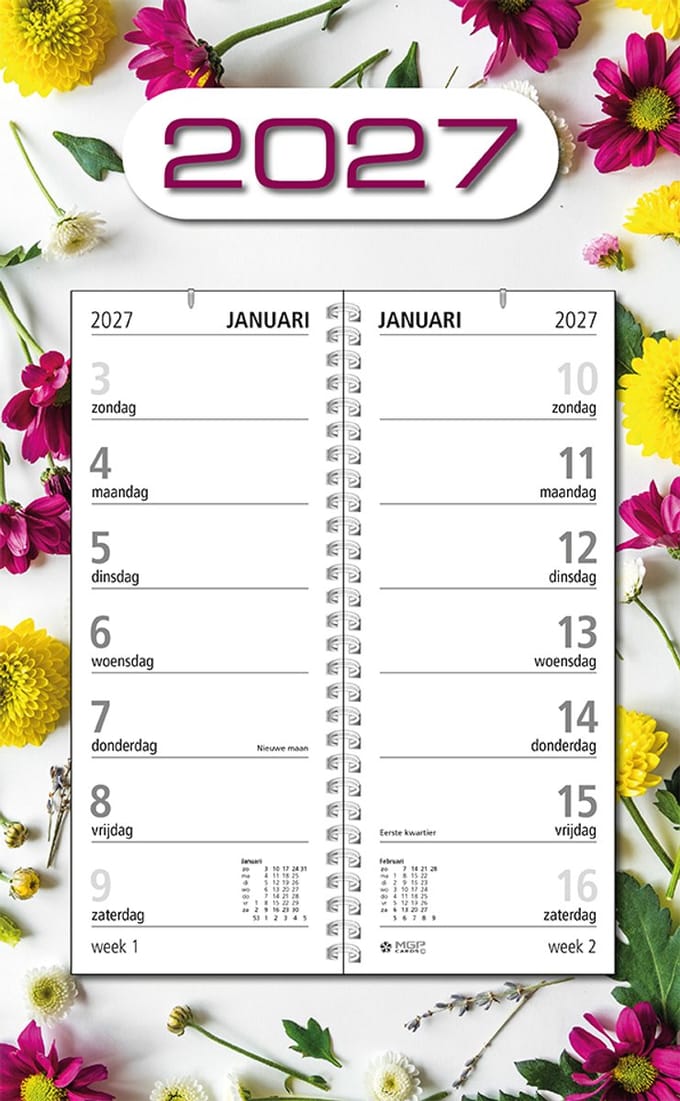 MGPcards - Omlegweekkalender 2027 - Week begint op zondag - 21 x 34 cm - Bloemen - Wit