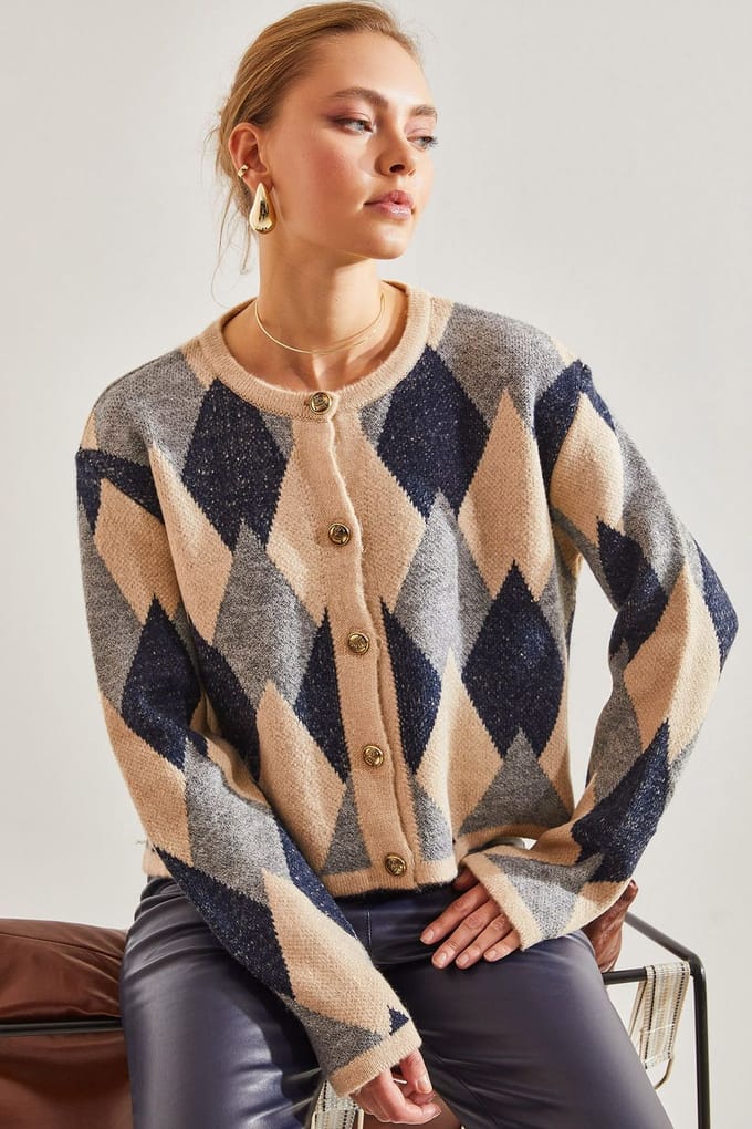 Geometrische Gebreide Knopen-up Korte Cardigan