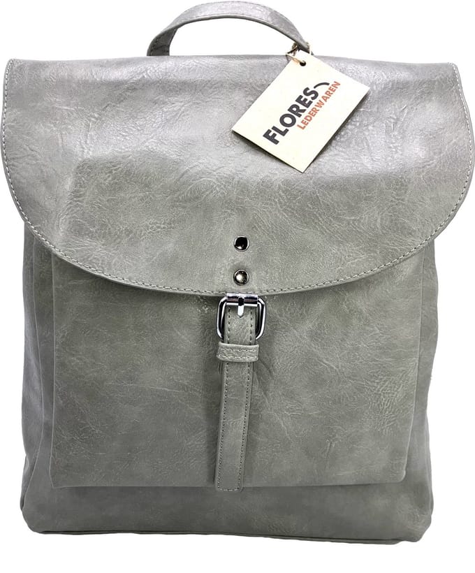 Soepele rugzak met twee ritsen en groot voorvak, lichtgrijs.