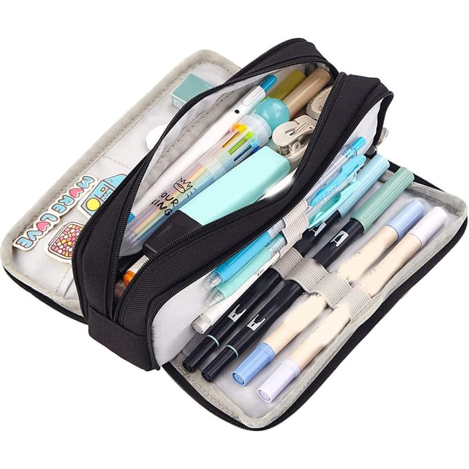 Trousse à crayons à 3 compartiments, grande capacité, double ouverture, toile souple, anti-poussière, fermeture éclair noir