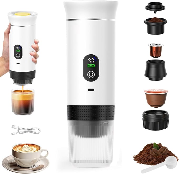 Draagbaar Koffiezetapparaat - Mini Espresso Machine - Koffie Maken Onderweg - 3-in-1 Functionaliteit - 90 ml Capaciteit - Wit