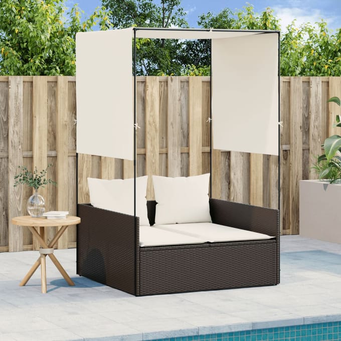 vidaXL - Ligbed - tweepersoons - met - dak - en - gordijn - poly - rattan - bruin