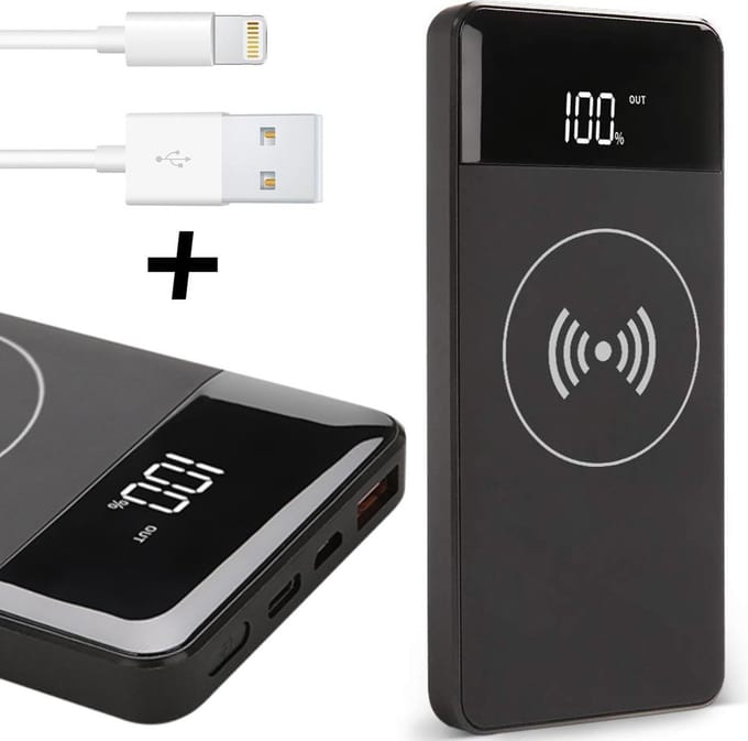 Powerbank Draadloos Oplader 10000 mAh + Lightning Kabel geschikt voor Apple iPhone / iPad - TechNow