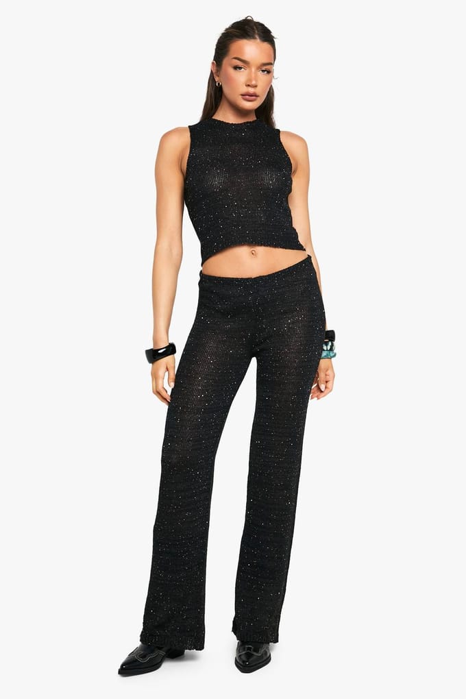 boohoo Dames Sequin Knit Sheer Wide Leg Gebreide Broek | Black | Maat: Medium