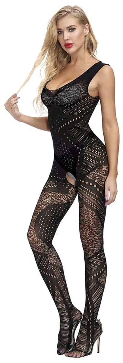 LekkerStout Zwarte Bodystocking - Sexy Visnet Design met Open Kruis - One Size S-L | LS320