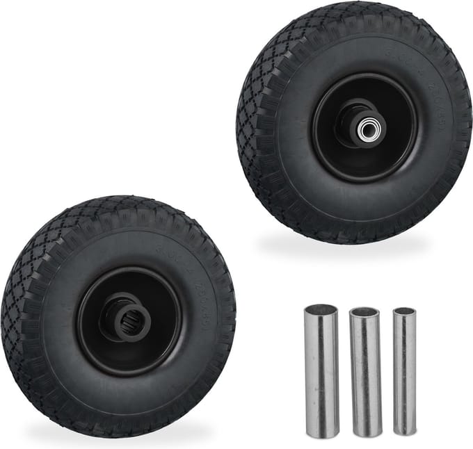 steekwagenwiel - set van 2 - luchtband - 3.00-4 - skelterwiel - 3 adapters - zwart