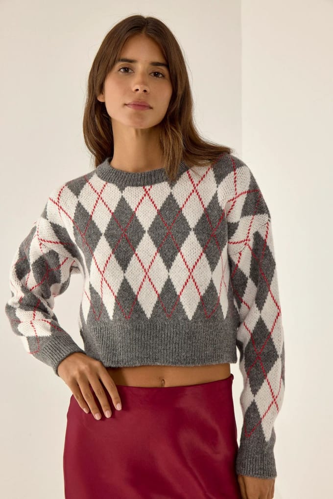 Ronde Hals Korte Sweater met Ruitenpatroon