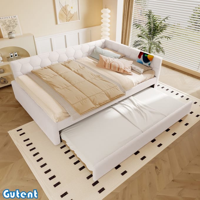 Gutent Slaapbank-140*200 cm-met lattenbodem (zonder matras)-met bedlampje-met uitschuifbed-USB-interface-Type-C-Kunstwol-Wit