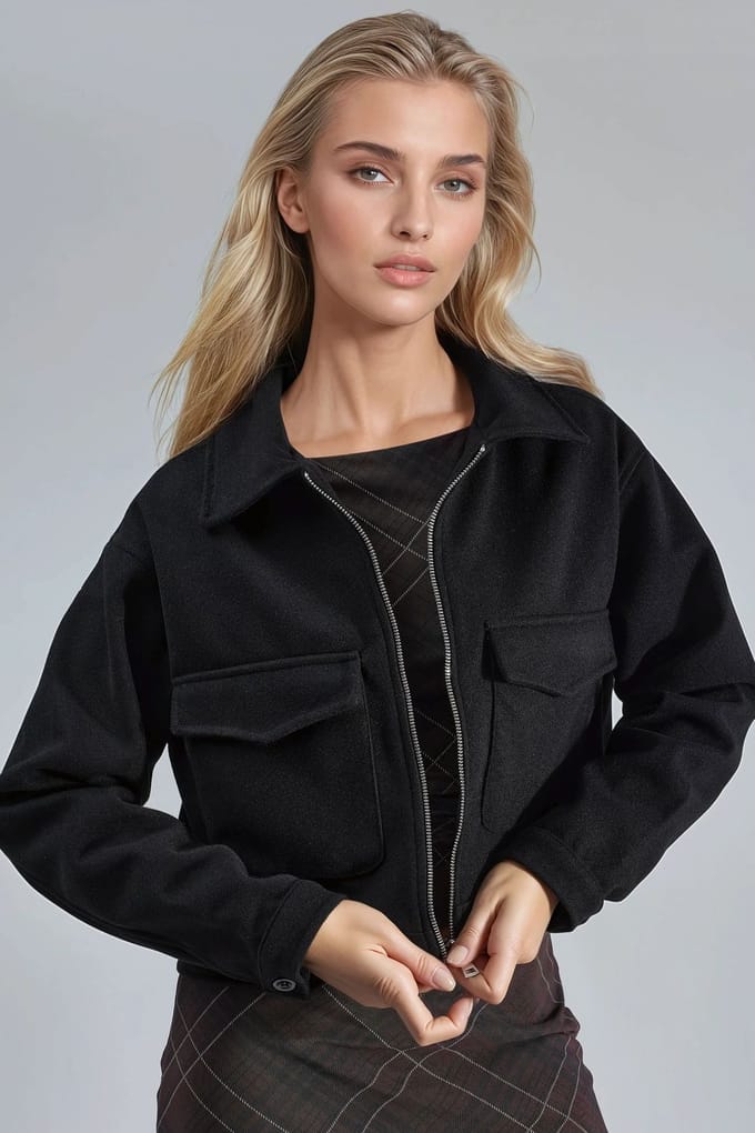Korte Gabardine Jas met Rits en Zak