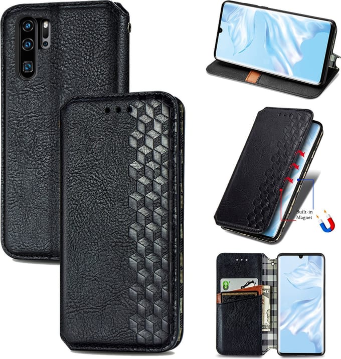 Luxe PU Lederen Ruitpatroon Wallet Case + Glas Screenprotector voor Huawei P30 Pro _ Zwart