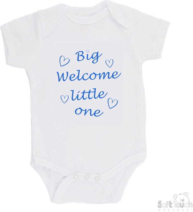 Soft Touch Romper "Big welcome little one" jongens Katoen Wit/blauw Maat 56/62