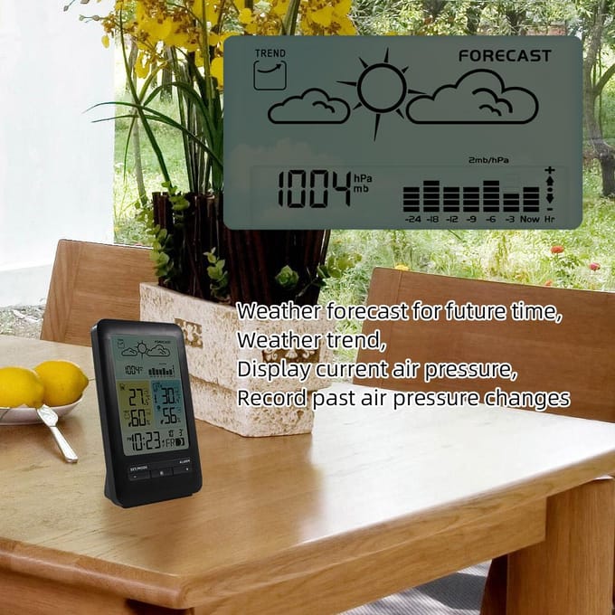 LCD Weerstation Wekker met Snooze Digitale Binnen Buiten Temperatuur Vochtigheidsmonitor zwart