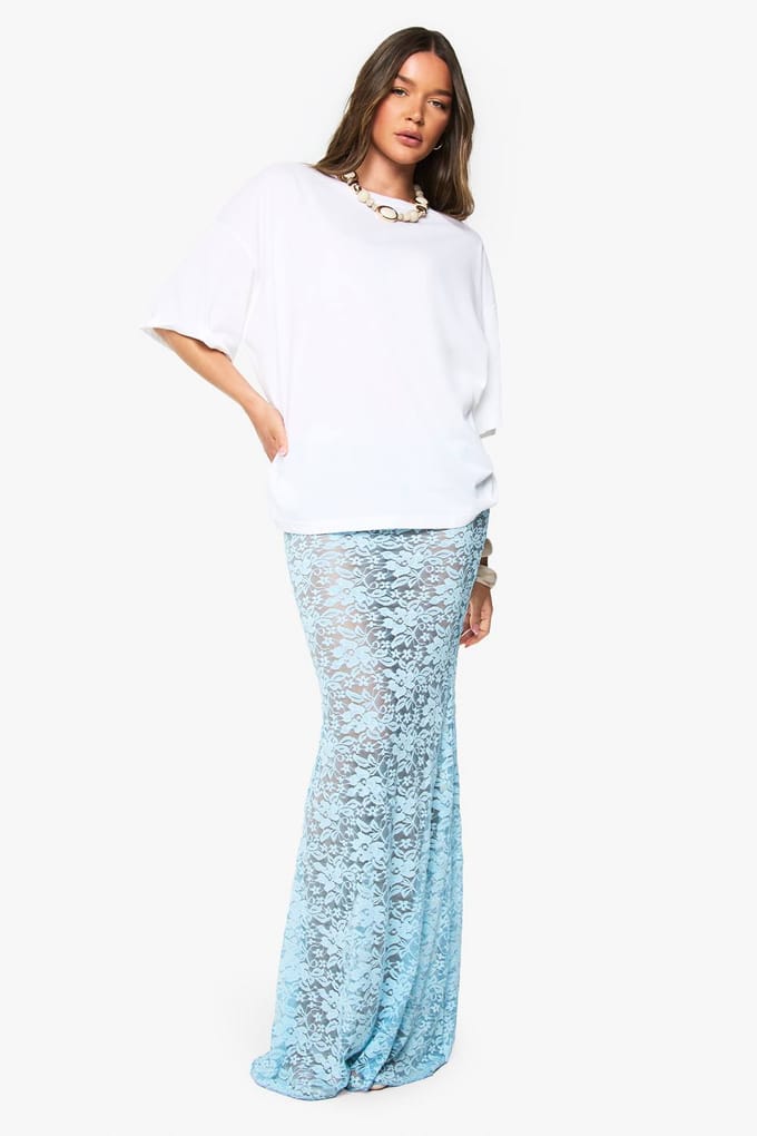 boohoo Dames Kanten Maxi Kolomrok | Light Blue | Maat: 12