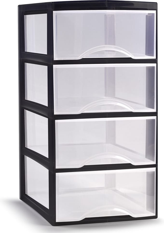 Plasticforte Ladeblokje/bureau organizer met 4x lades - transparant/zwart - L18xB23xH34 cm
