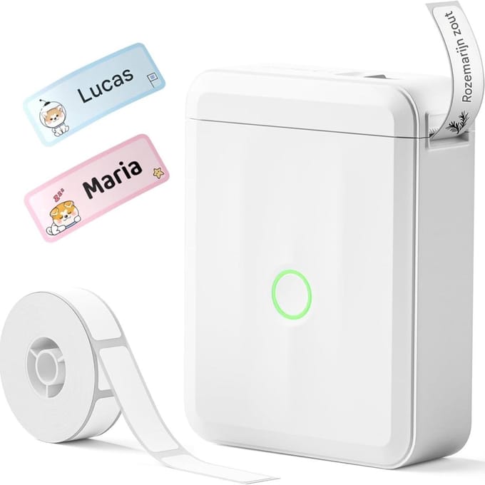 GELLDG Labelprinter - Naamlabelprinter - D110 Bluetooth-labelprinter - Inclusief een rol waterdichte labels - Geschikt voor thuis, kantoor, school en kinderdagverblijf - Wit