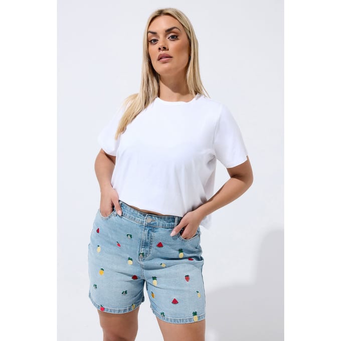 Limited Collection Blauwe Geborduurde Fruitdenimshorts Size 48