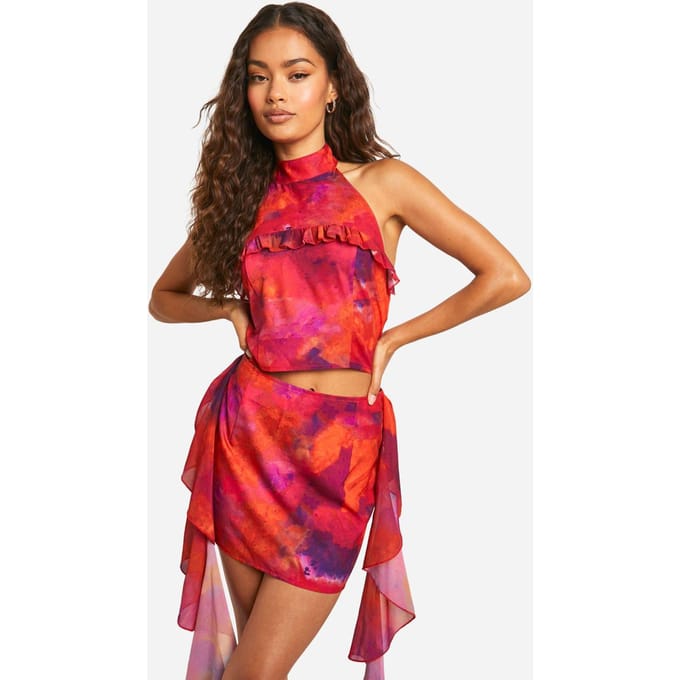 boohoo Dames Printed Frill Detail Woven Mini Skirt | Maat: 6