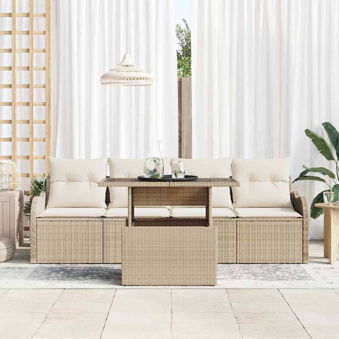 vidaXL - Tuinbank - Set - 5 - st - 4-zits - Beige - [Synthetisch]: - Poly - Riet