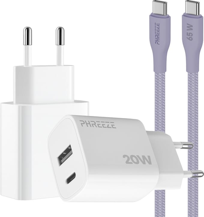 Phreeze usb C adapter 20 W paars met usb C naar usb C kabel 1 meter - Snellader voor smartphone en tablet - Met 2 poorten