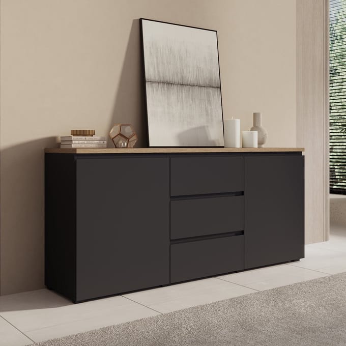 Meubella - Moss - Dressoir - Zwart/Eikenpatroon - 150x35x68 cm